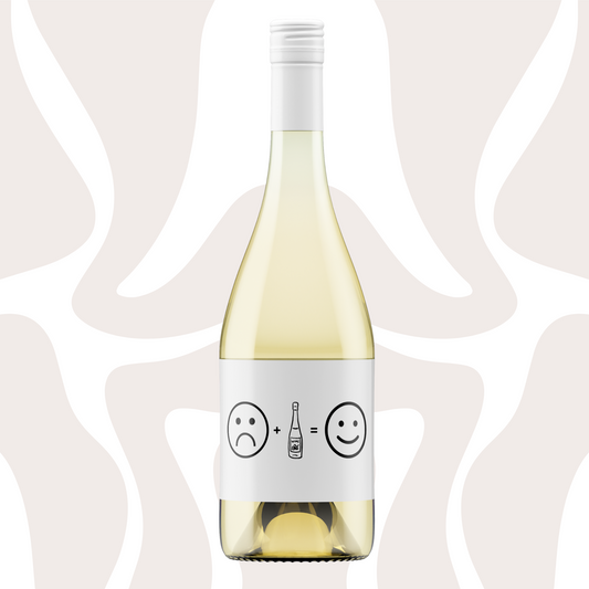 Wijnetiket | Verdrietige smiley + wijnfles = blije smiley